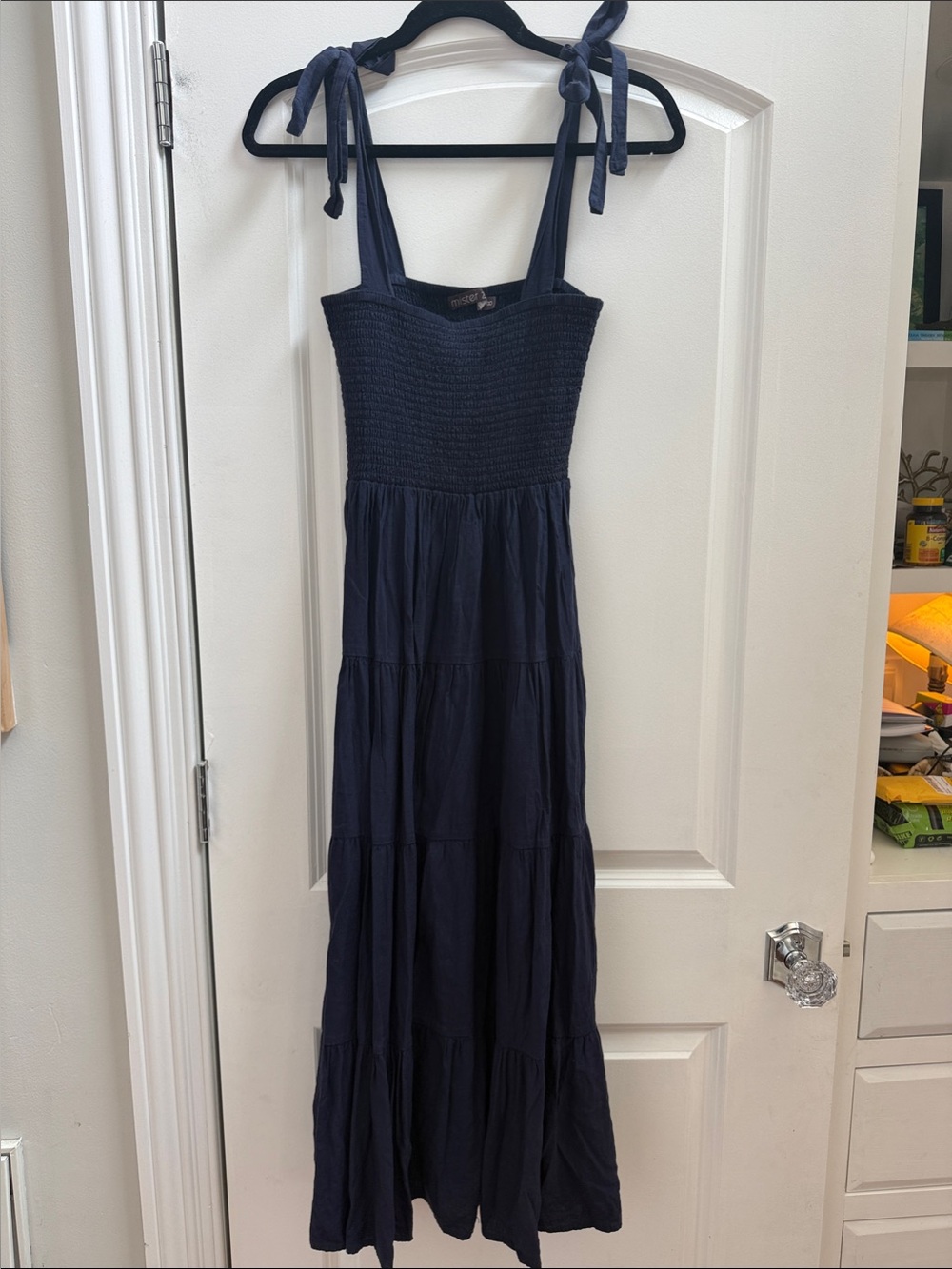 Mister Zimi Navy Tie-Shoulder Smocked Maxi Dress Size 8